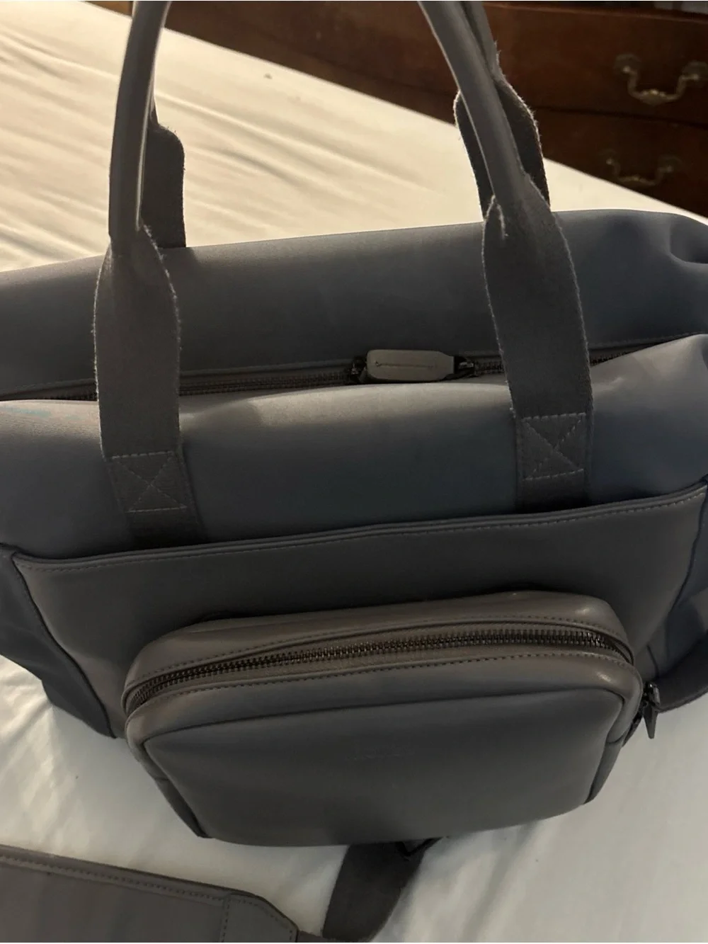 Monos Metro Duffel Bag Dove Gray Blue Weekender Carry On Vegan Leather Trolley